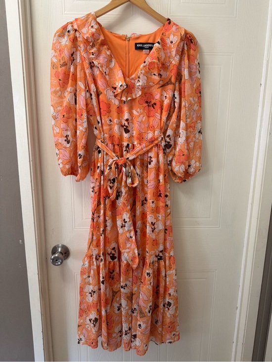 Karl Lagerfeld Dresses & Skirts - Karl Lagerfeld Orange Floral Midi Maxi Dress with Puff Sleeves